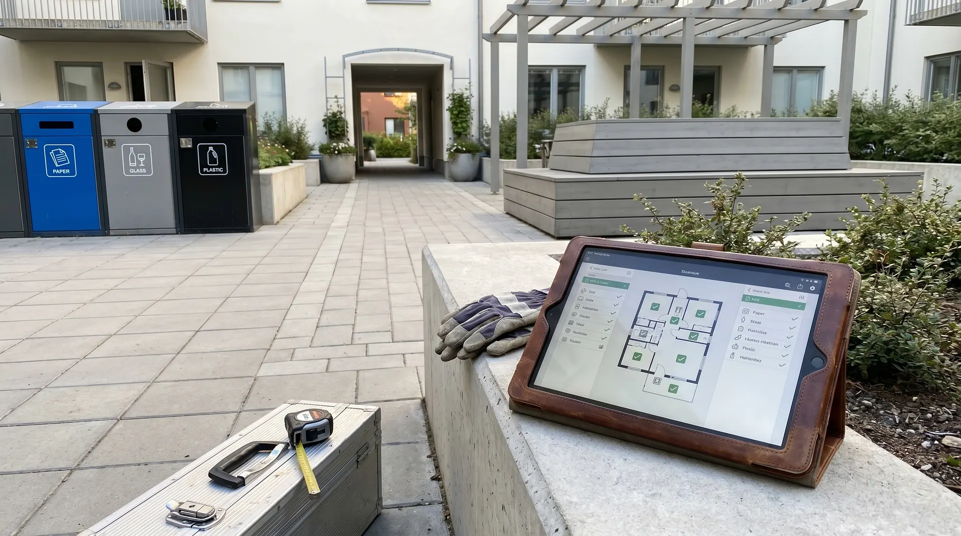 Surfplatta med ritning och verktyg på bänk utomhus vid modern byggnad.