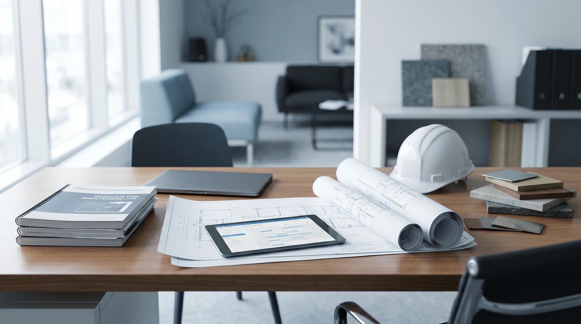 Arbetsbord med ritningar, byggnadshjälm, materialprover och surfplatta i modernt kontor.