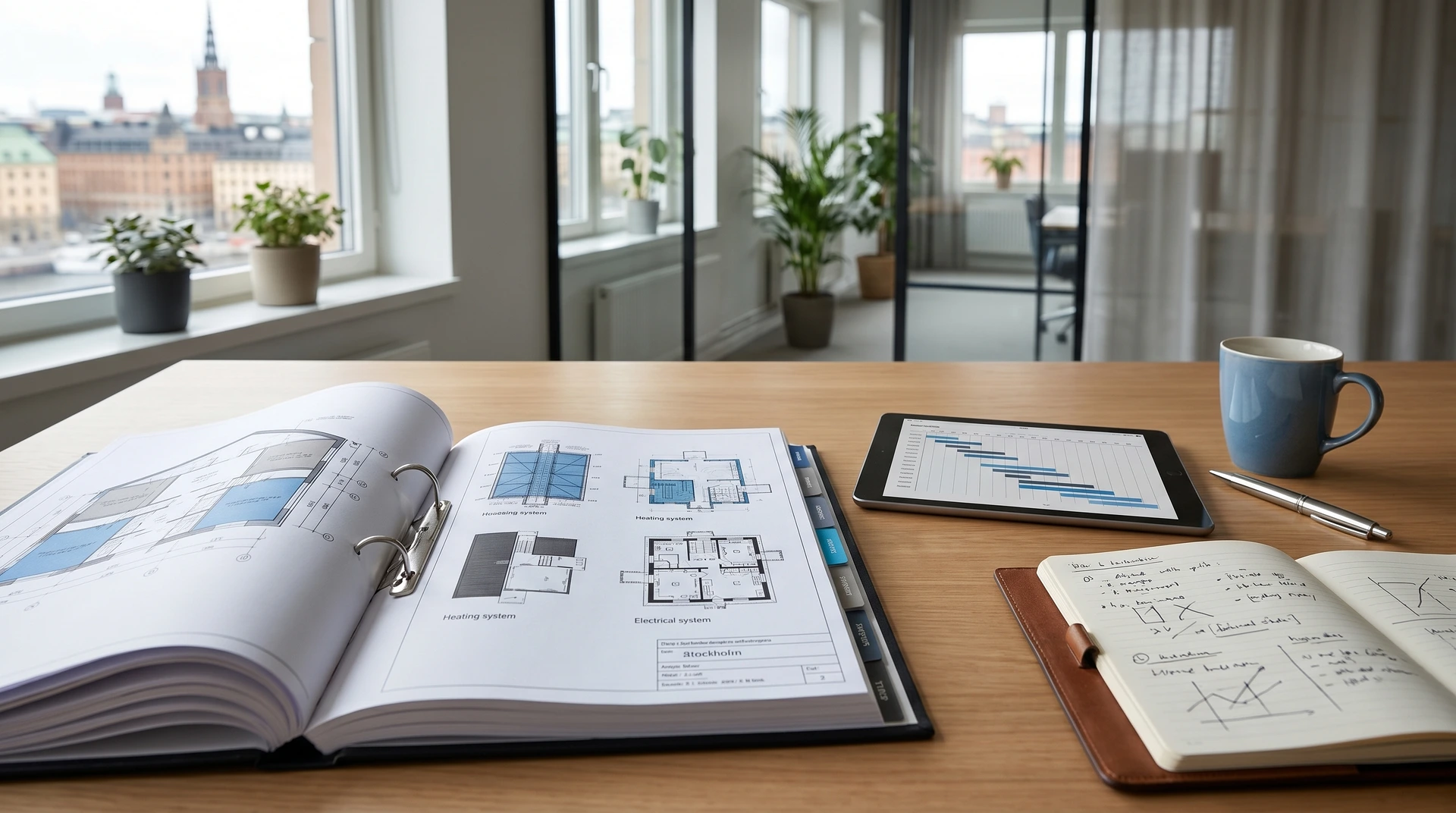 Arbetsplats med arkitekturritningar, surfplatta med Gantt-schema och anteckningsbok på skrivbord.